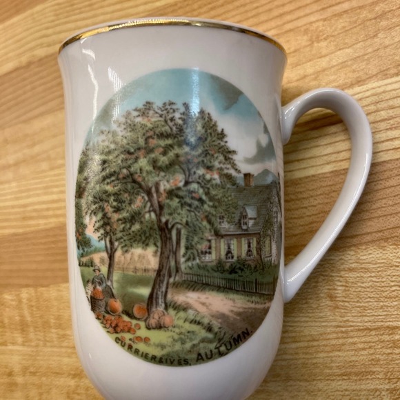 Vintage Currier & Ives Collectible 4 Seasons Mugs Gold Trim Summer and Autumn - Picture 2 of 8